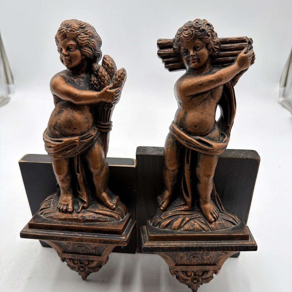 2 Vtg Coppertone Cherubs Hard Plastic Statue Wall Decor MCMLXIX Dart Inc 1969